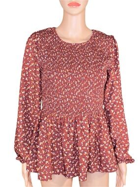 Smocked Floral Peplum Top Cottagecore Country Western Long Sleeve Size Small